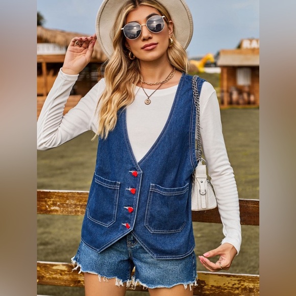Pocketed Button Up Sleeveless Denim Jacket - Picture 1 of 6